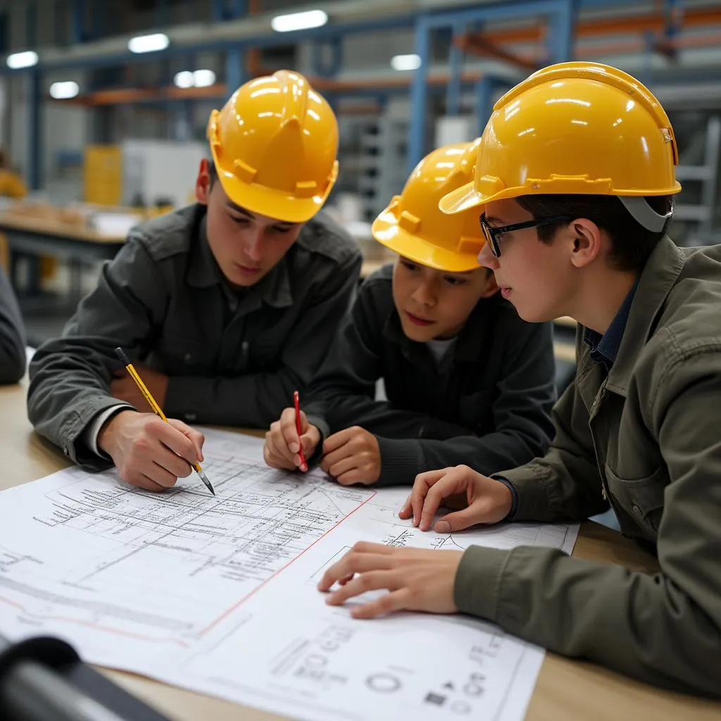 Equipo de ingenieros revisando planos